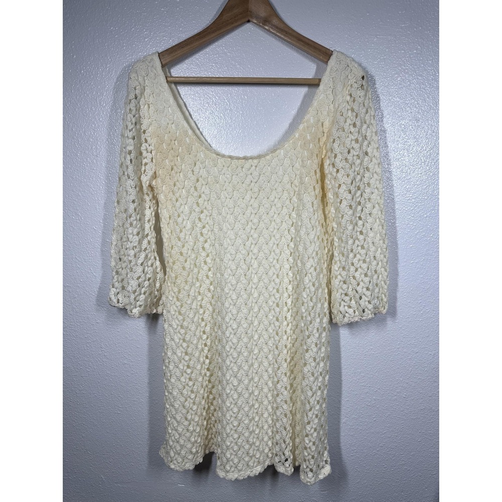 Aqua Dress Womens Large Ivory Crochet Knit Lined Scoop Neck 3/4 Sleeve Tunic
